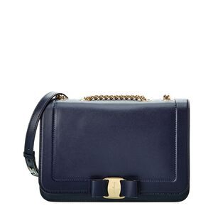 Salvatore Ferragamo Navy Leather Shoulder Bag with Gold Chain